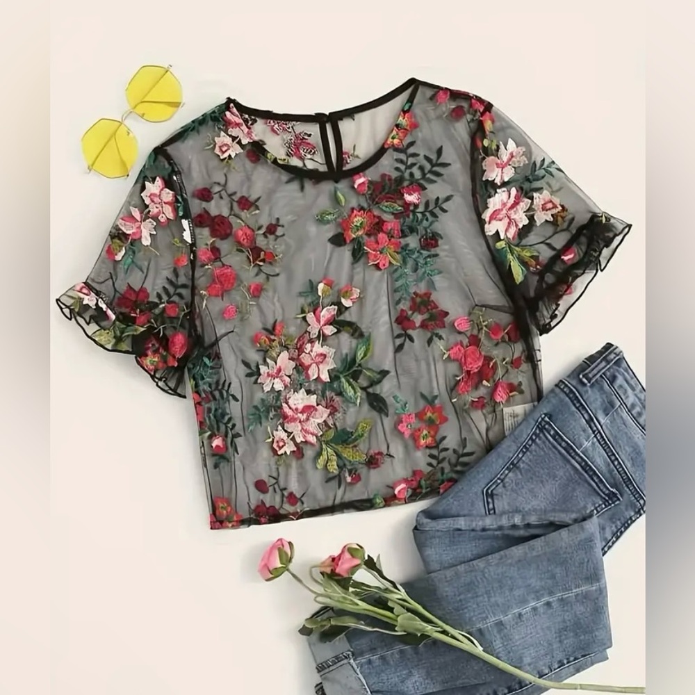 Floral Embroidery Crew Neck Top, Elegant Short Sleeve T-Shirt Women's Clothing